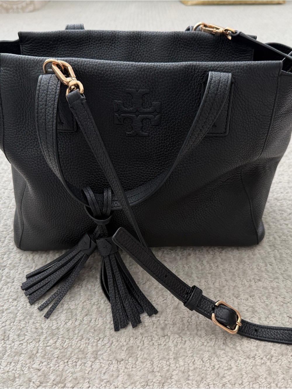 Tory Burch Black Pebbled Leather Tassel Tote